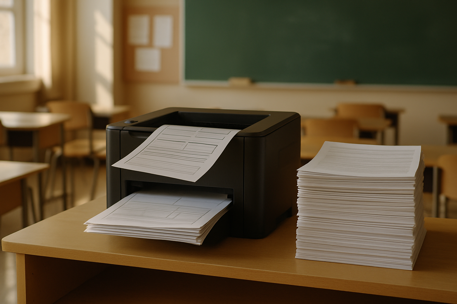 A compact black monochrome laser printer on a classroom table mid-job, with a thick stack of freshly printed black-and-white pages beside it