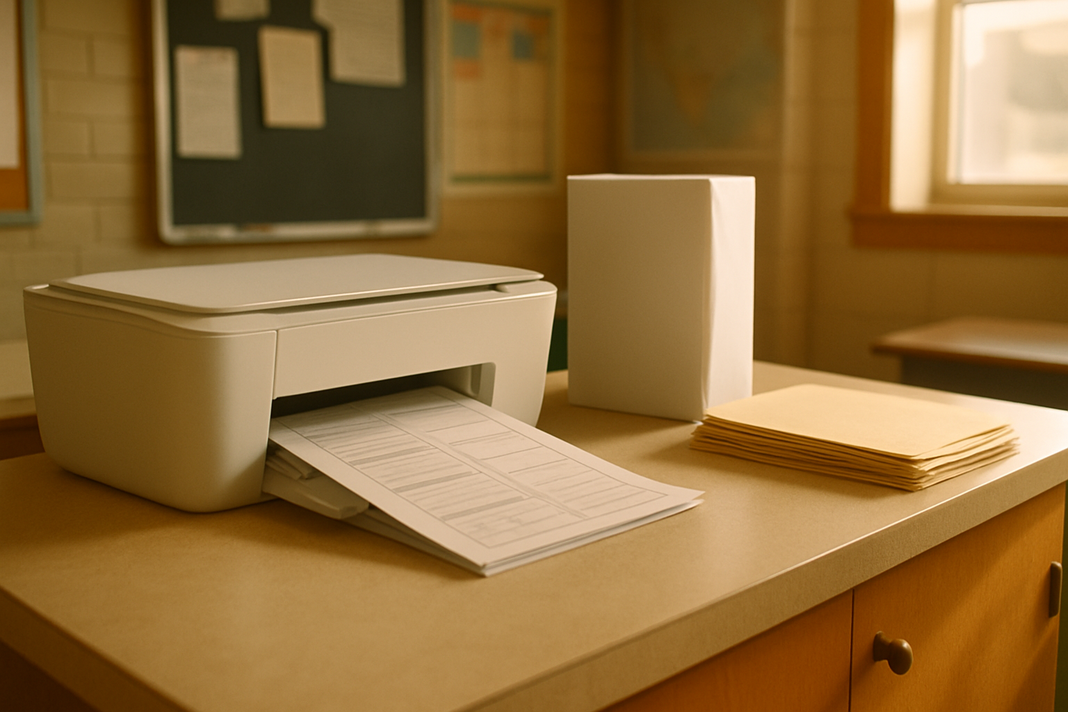 A teacher's classroom printing corner with a compact white all-in-one printer on a low counter, freshly printed worksheet pages in the output tray, a ream of paper on end, and a stack of manila folders
