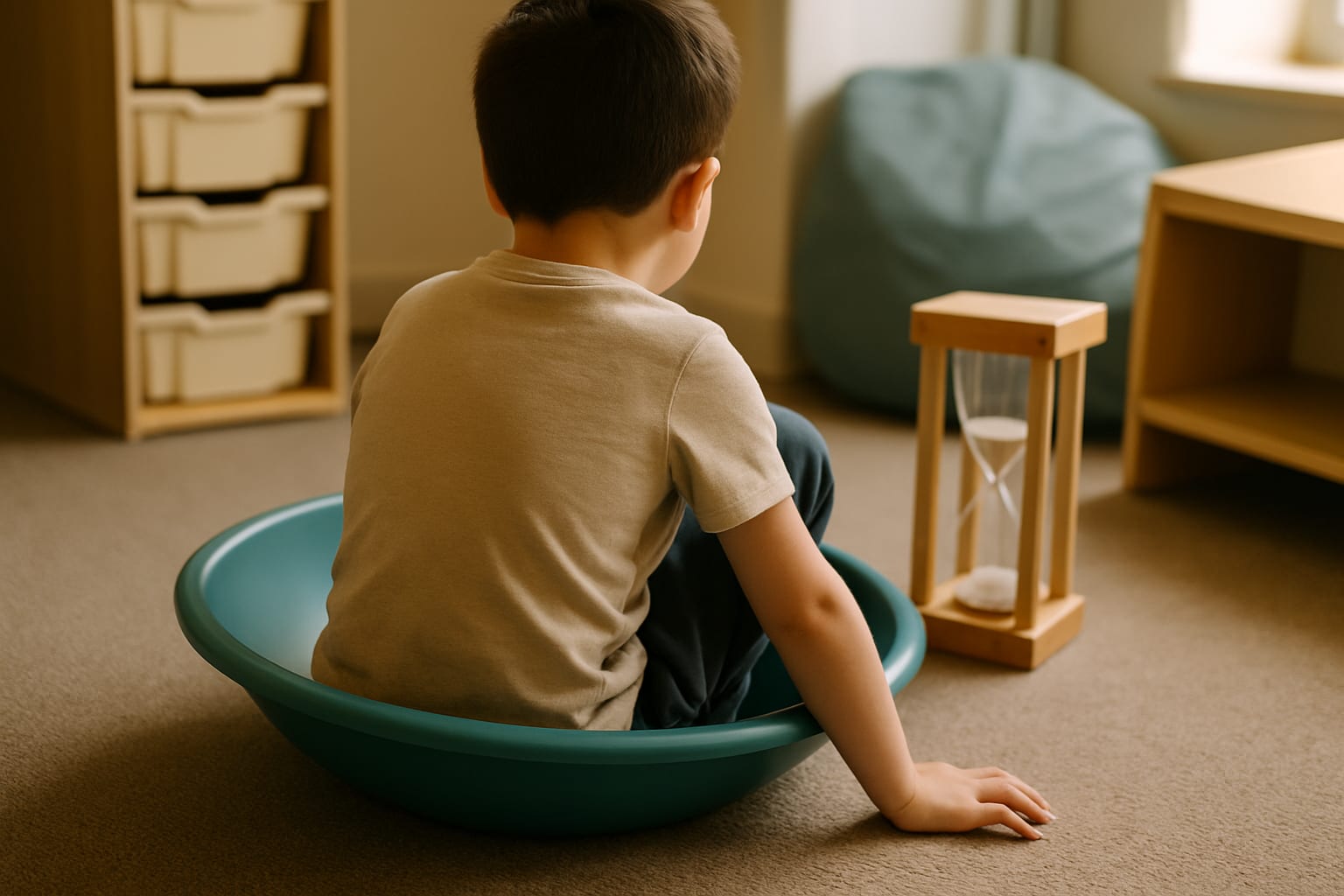 A child sitting in a low teal saucer seat on the carpet of a calm classroom corner, seen from behind, with a wooden sand timer standing beside them, storage trays and a bean bag nearby, and clear carpet all around the seat