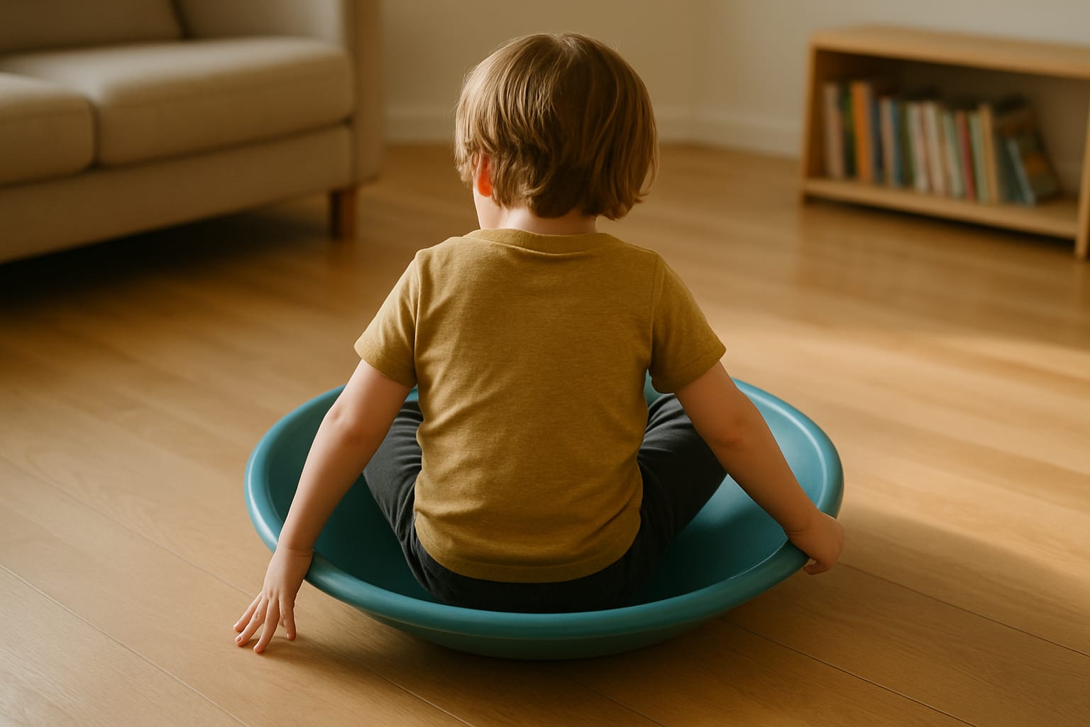 A child sitting cross-legged inside a low teal saucer seat resting flat on a wooden living room floor, seen from behind, one hand pushing against the floorboards to turn themselves, with clear empty space on every side and the sofa and bookshelf pushed back against the far walls