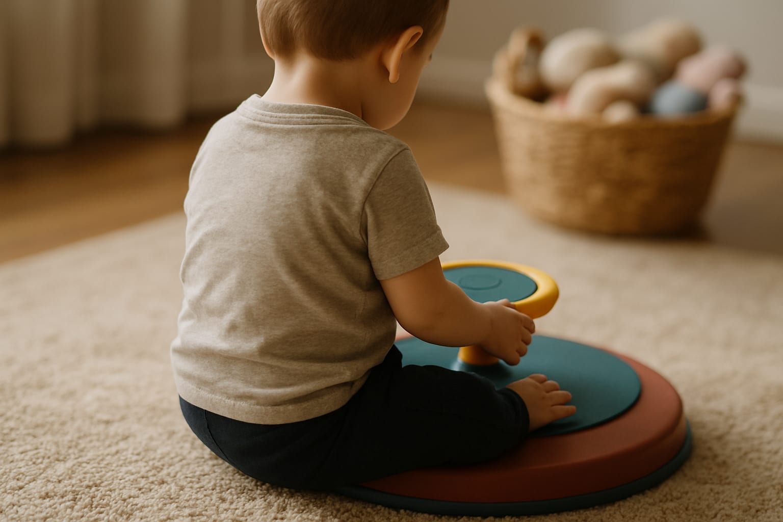 A toddler seen from behind sitting on a low circular sit-and-spin disc on a playroom rug, both hands resting on the round central wheel they turn themselves