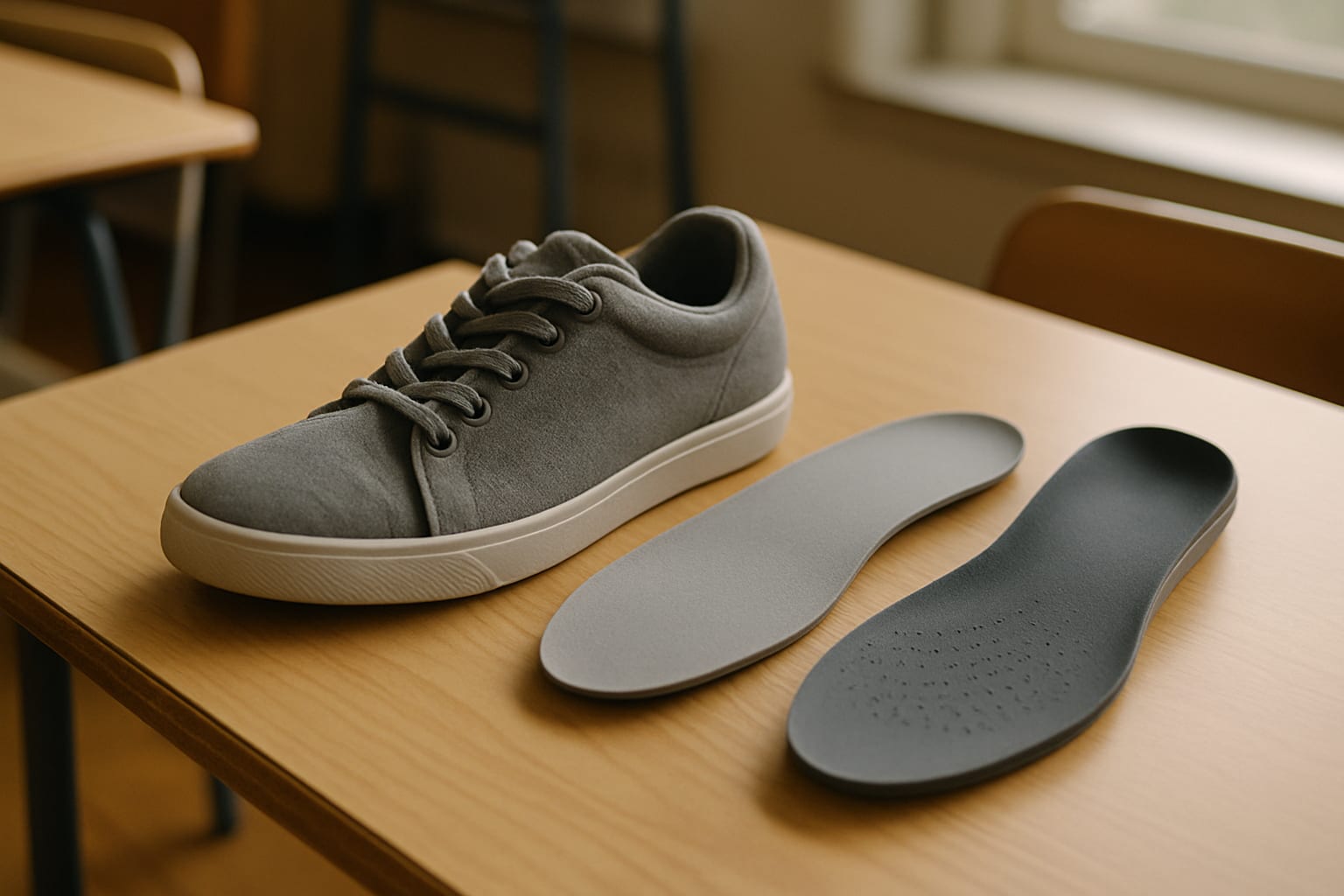 A grey everyday sneaker on a classroom desk beside its thin flat original insole and a thicker contoured support insole with a deep moulded heel cup, showing the difference in shape