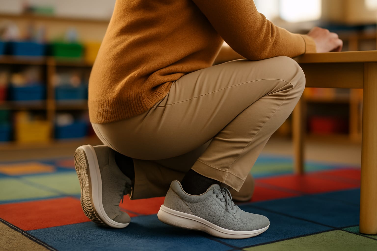 A teacher kneeling on a colorful classroom carpet beside a low table, seen from behind, wearing closed-heel cushioned sneakers with the sole of one shoe flexing