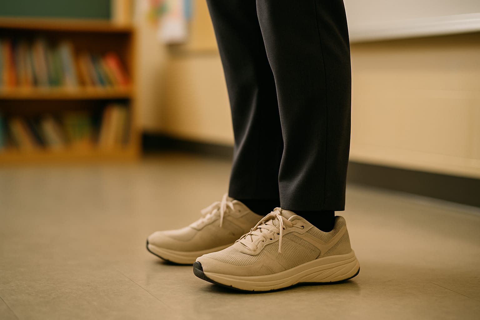 A teacher photographed from the knees down, standing at the front of a classroom in cushioned sneakers with a thick foam midsole, on pale grey vinyl tile over a concrete floor