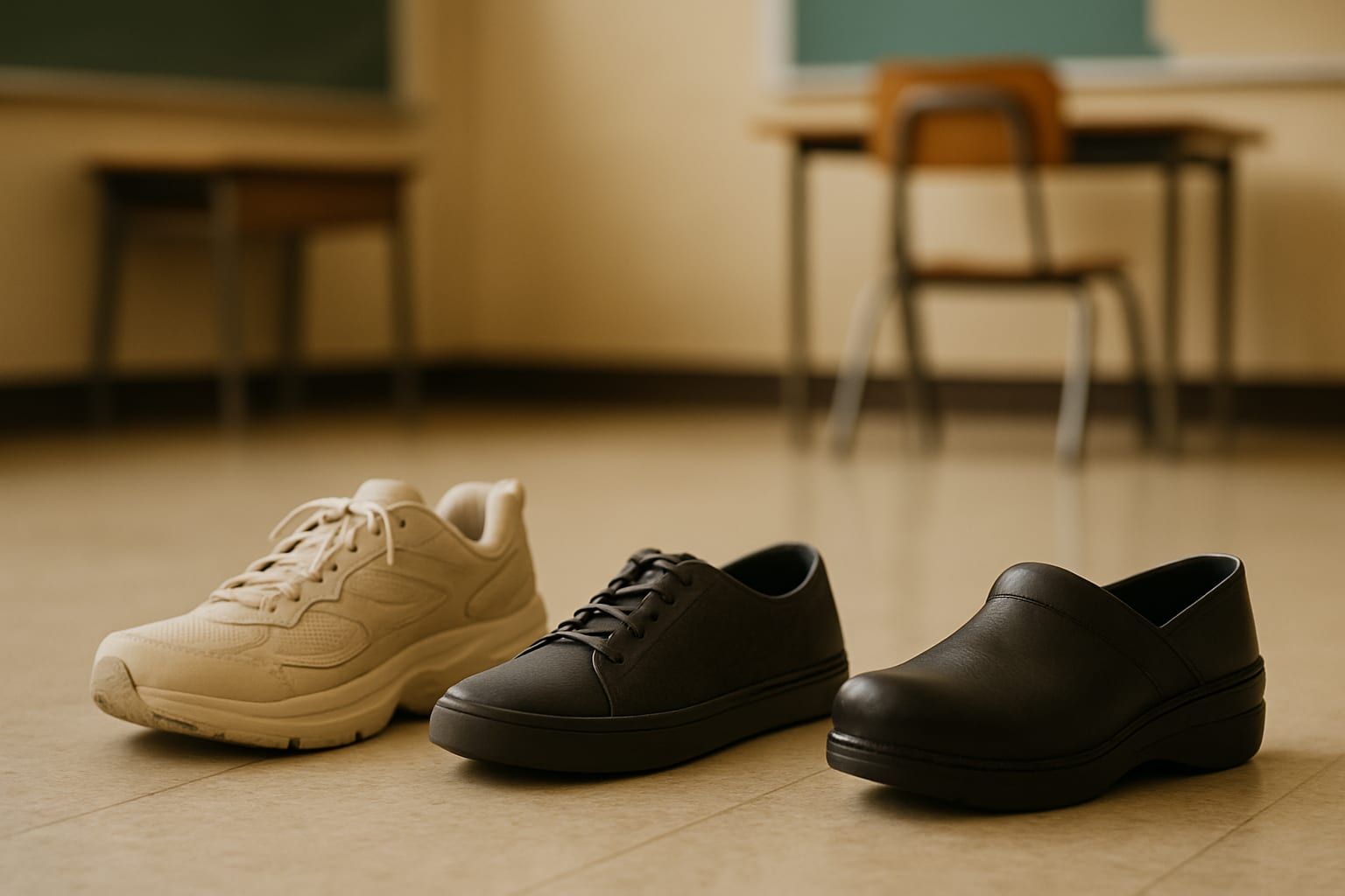 Three unbranded adult shoes in a row on a classroom vinyl floor: a chunky cushioned sneaker with a thick foam midsole, a trim dark low-profile sneaker, and a closed-toe leather clog with a rocker sole