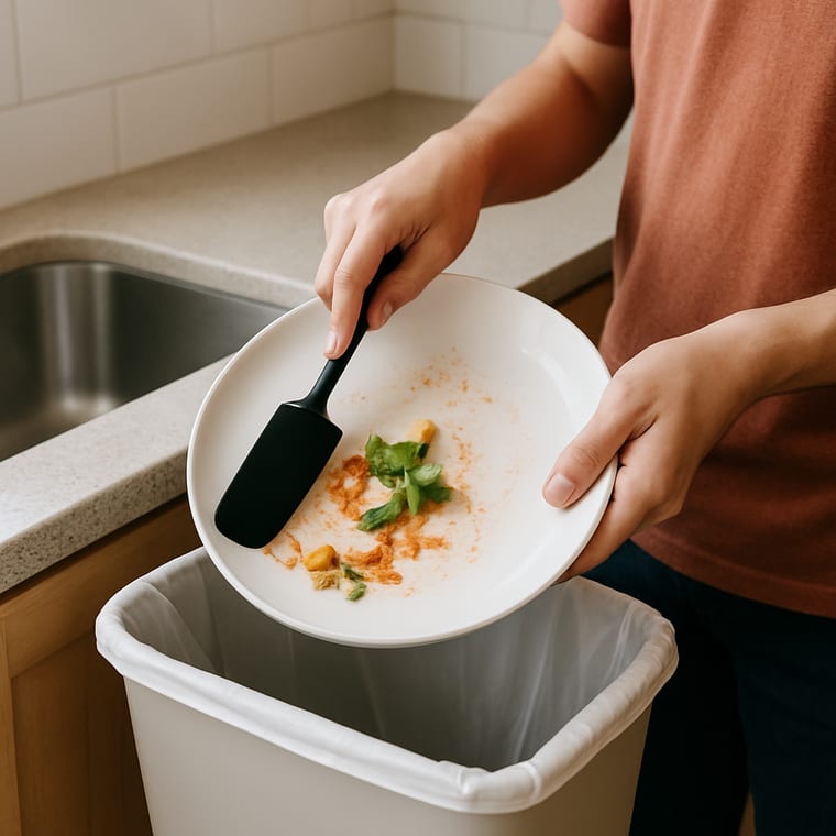 Washing Dishes: Scrape the food scraps into the trash