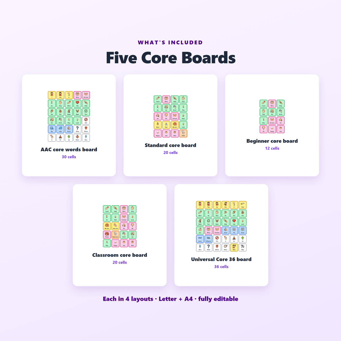 The five core boards in the pack, from a 12-cell beginner board up to a 36-cell universal core board
