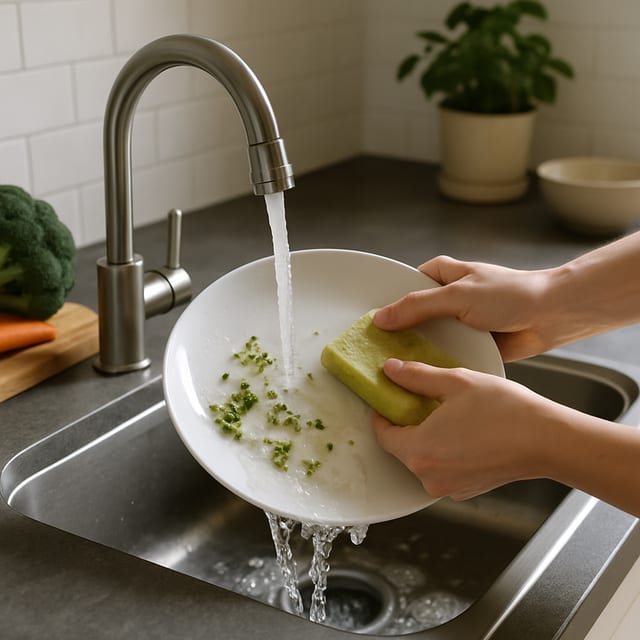 Washing a dish: Rinse food off