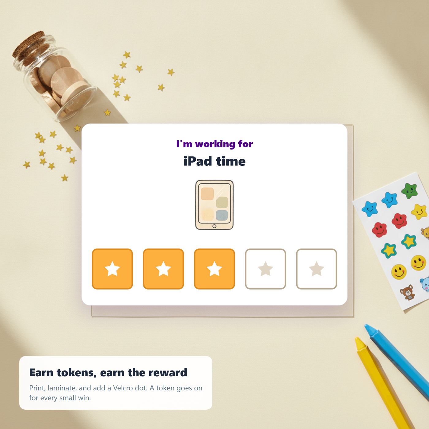 A student earning a token on a printable token board, moving toward a chosen reward