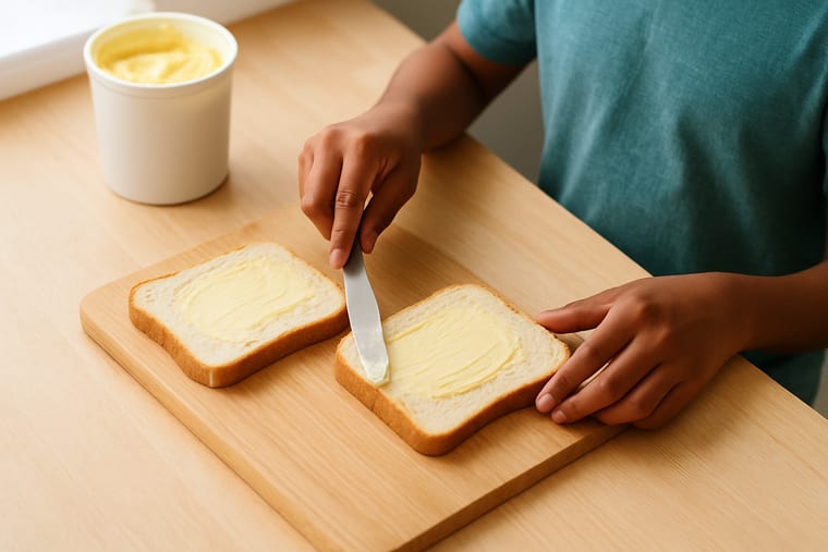 Grilled Cheese: Butter one side of each bread slice