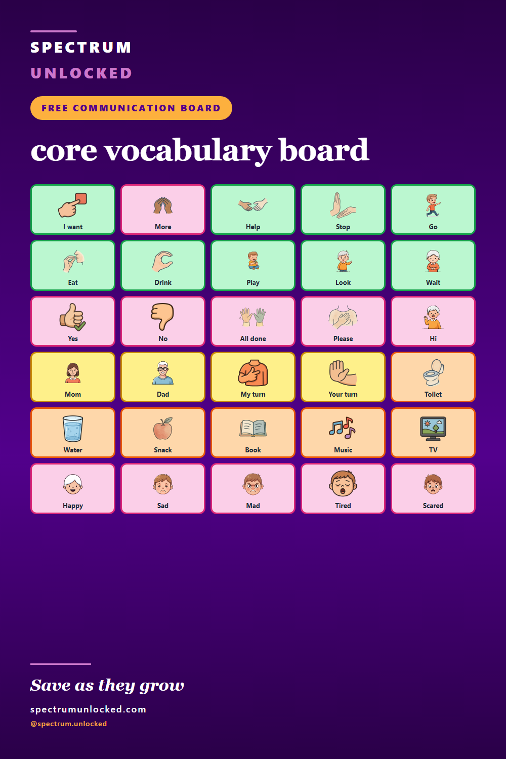 Pinterest pin: Free core vocabulary board