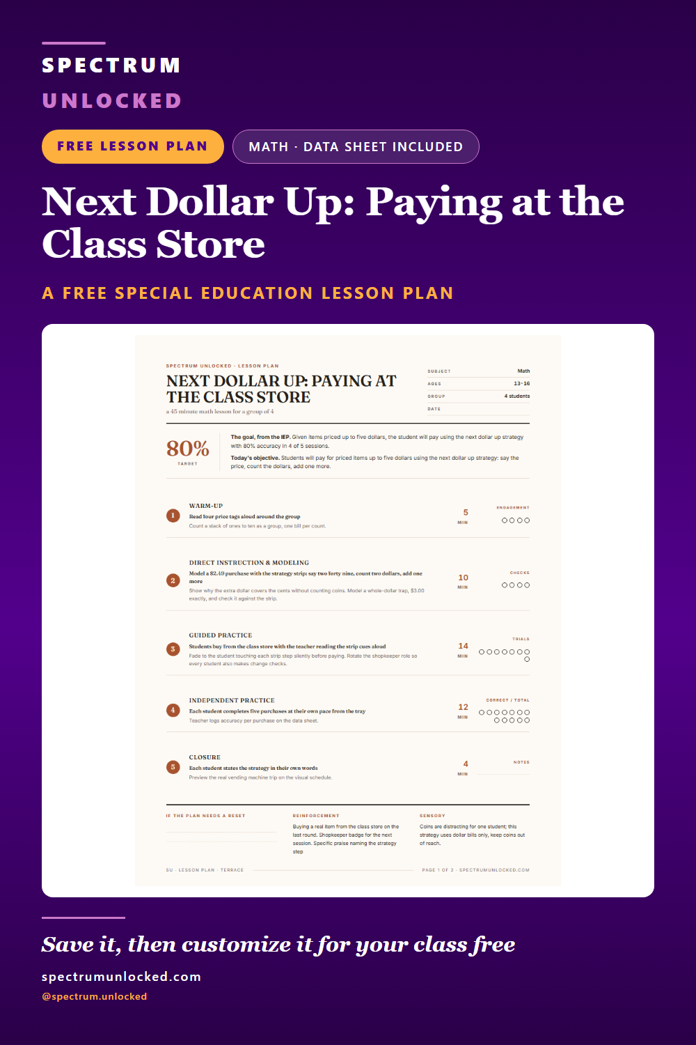 Pinterest pin: Counting Money Lesson Plan for Special Education: Next Dollar Up