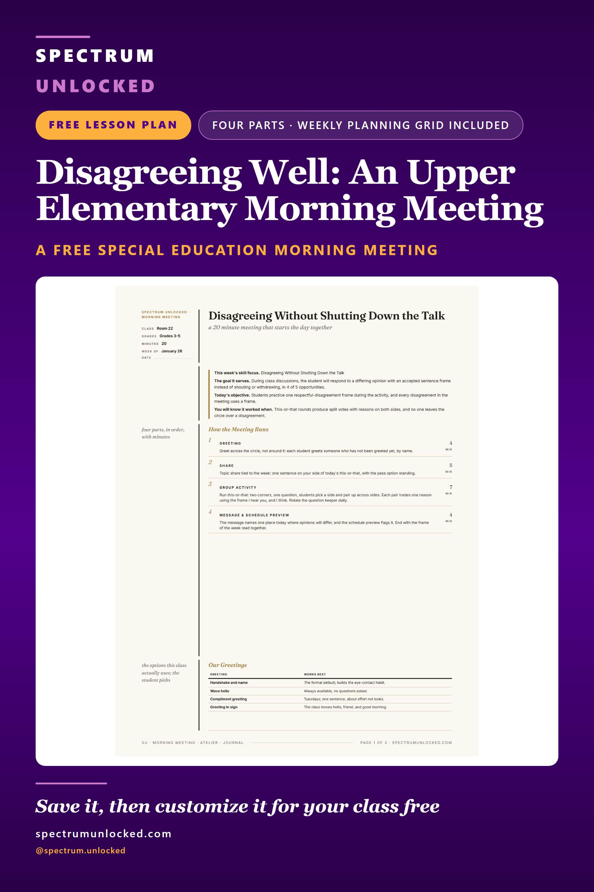 Pinterest pin: Morning Meeting Template: A Printable Elementary Example