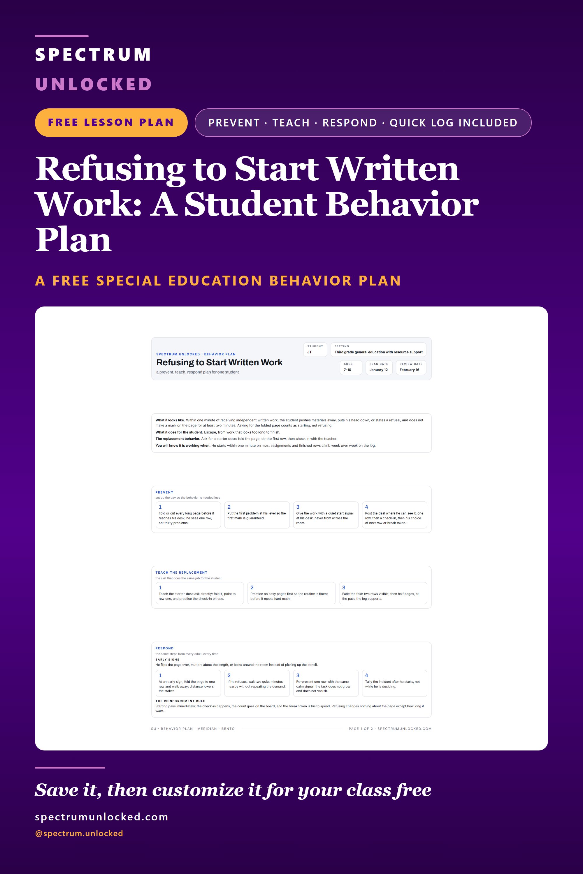 Pinterest pin: Student Behavior Plan Template: Work Refusal in Elementary