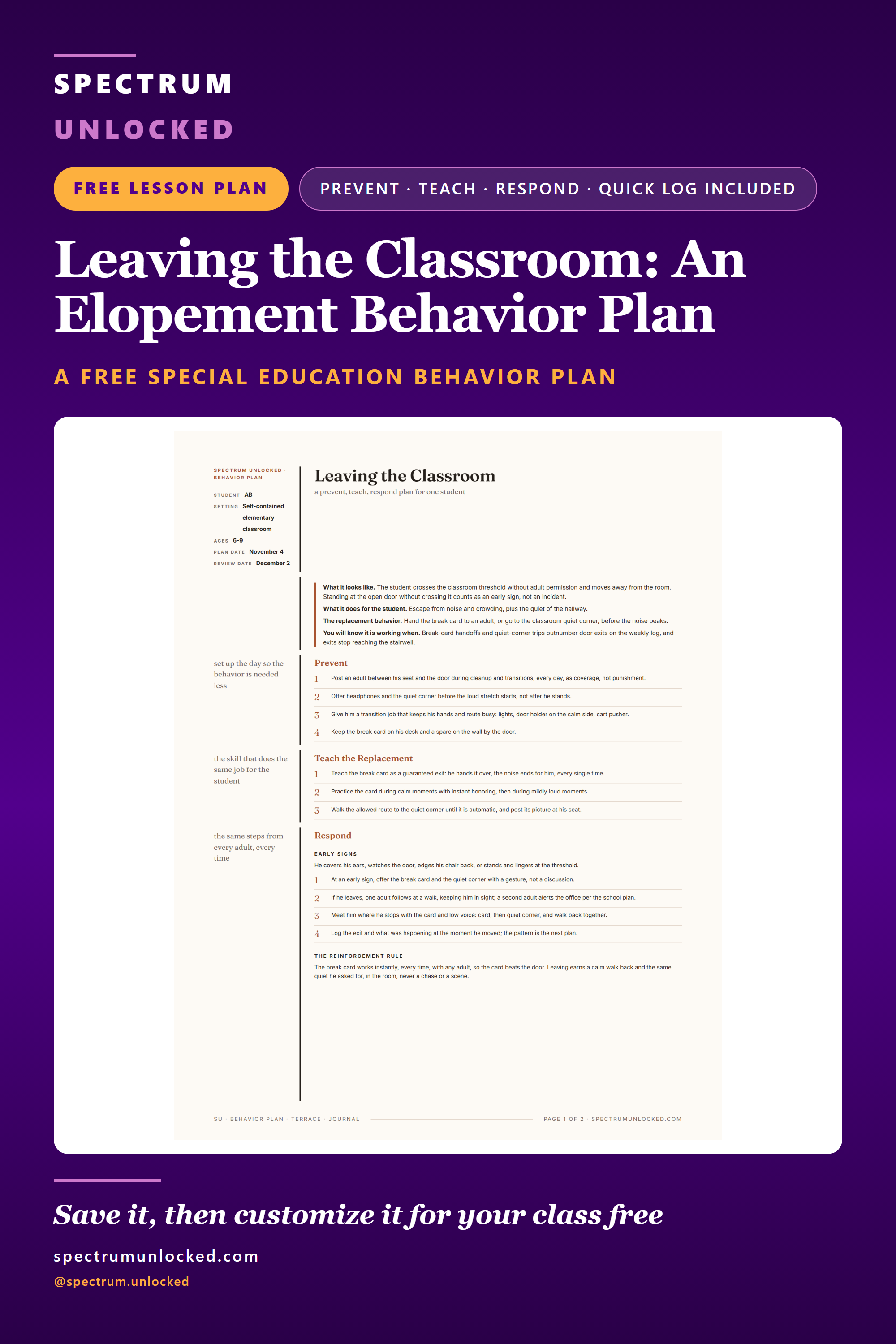 Pinterest pin: Elopement Behavior Plan: A Classroom Example for Special Education