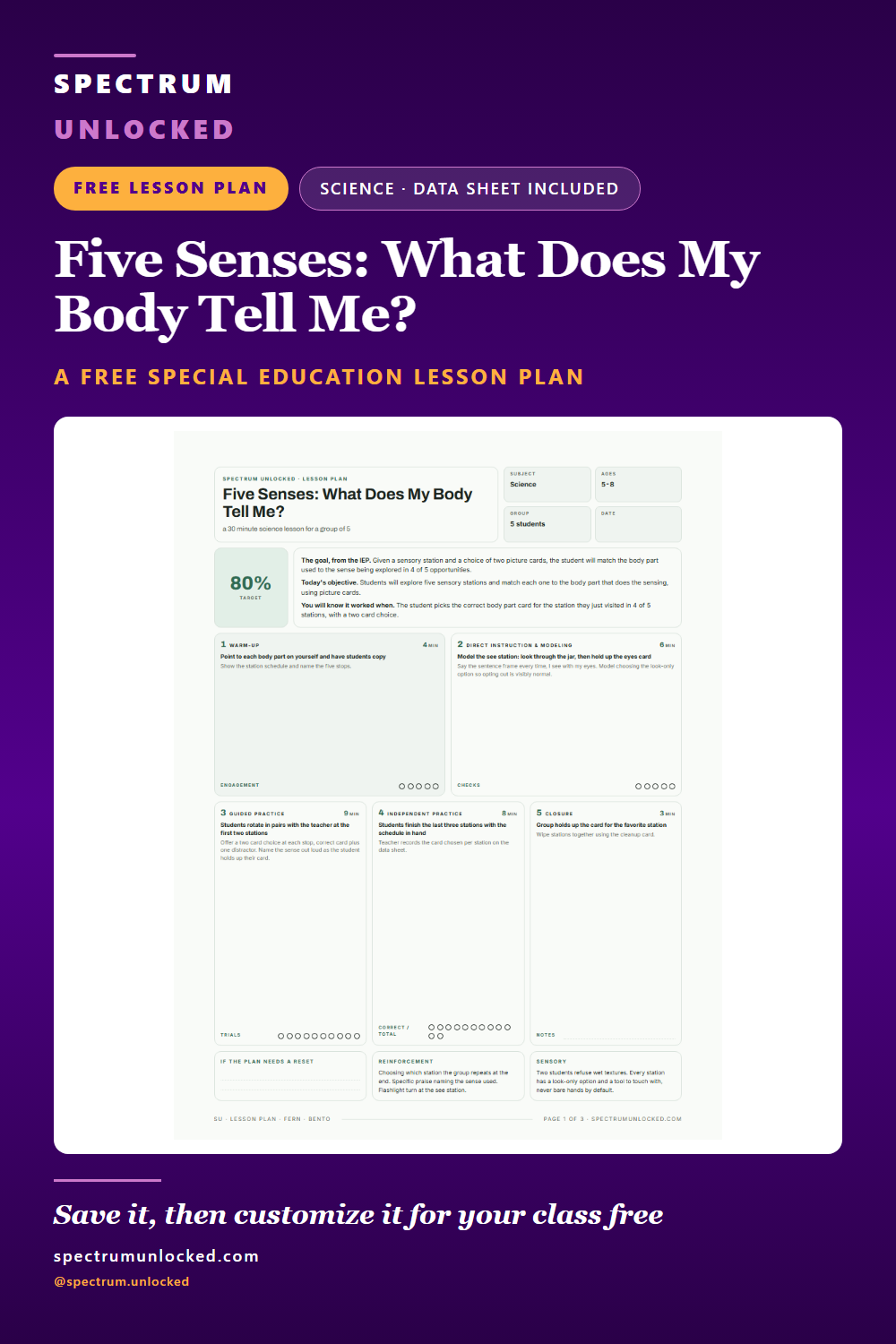 Pinterest pin: Five Senses Lesson Plan: Sensory-Friendly Stations