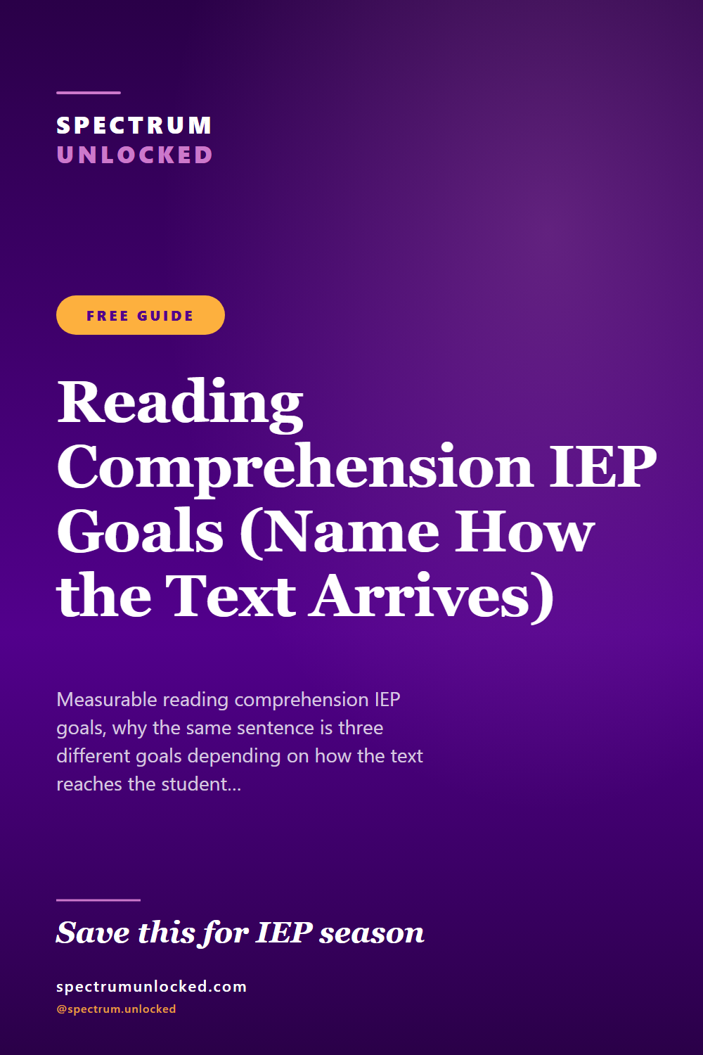 Pinterest pin: Reading Comprehension IEP Goals (Name How the Text Arrives)