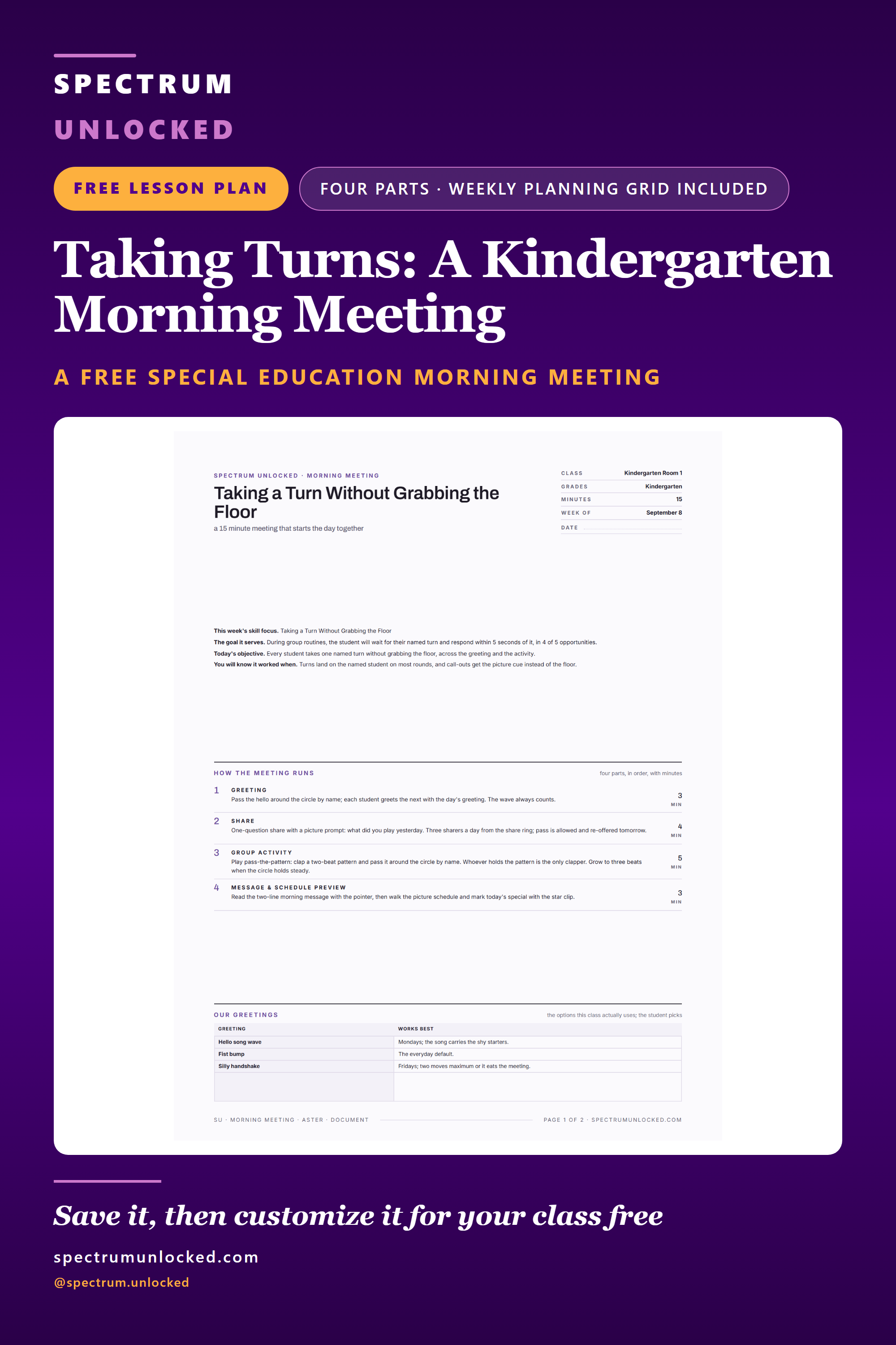 Pinterest pin: Kindergarten Morning Meeting: A Printable Plan and Weekly Grid
