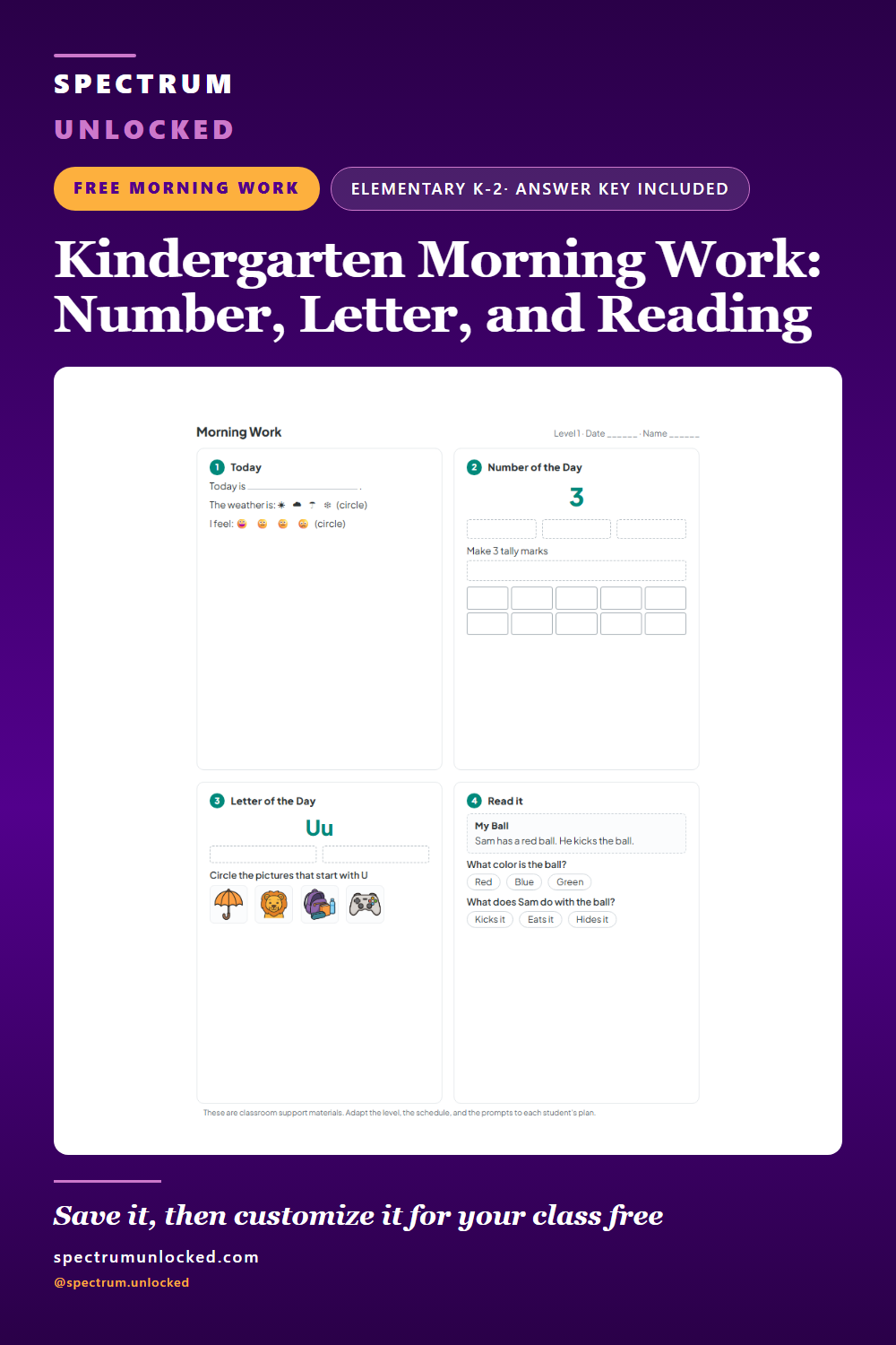 Pinterest pin: Free Kindergarten Morning Work (PDF)