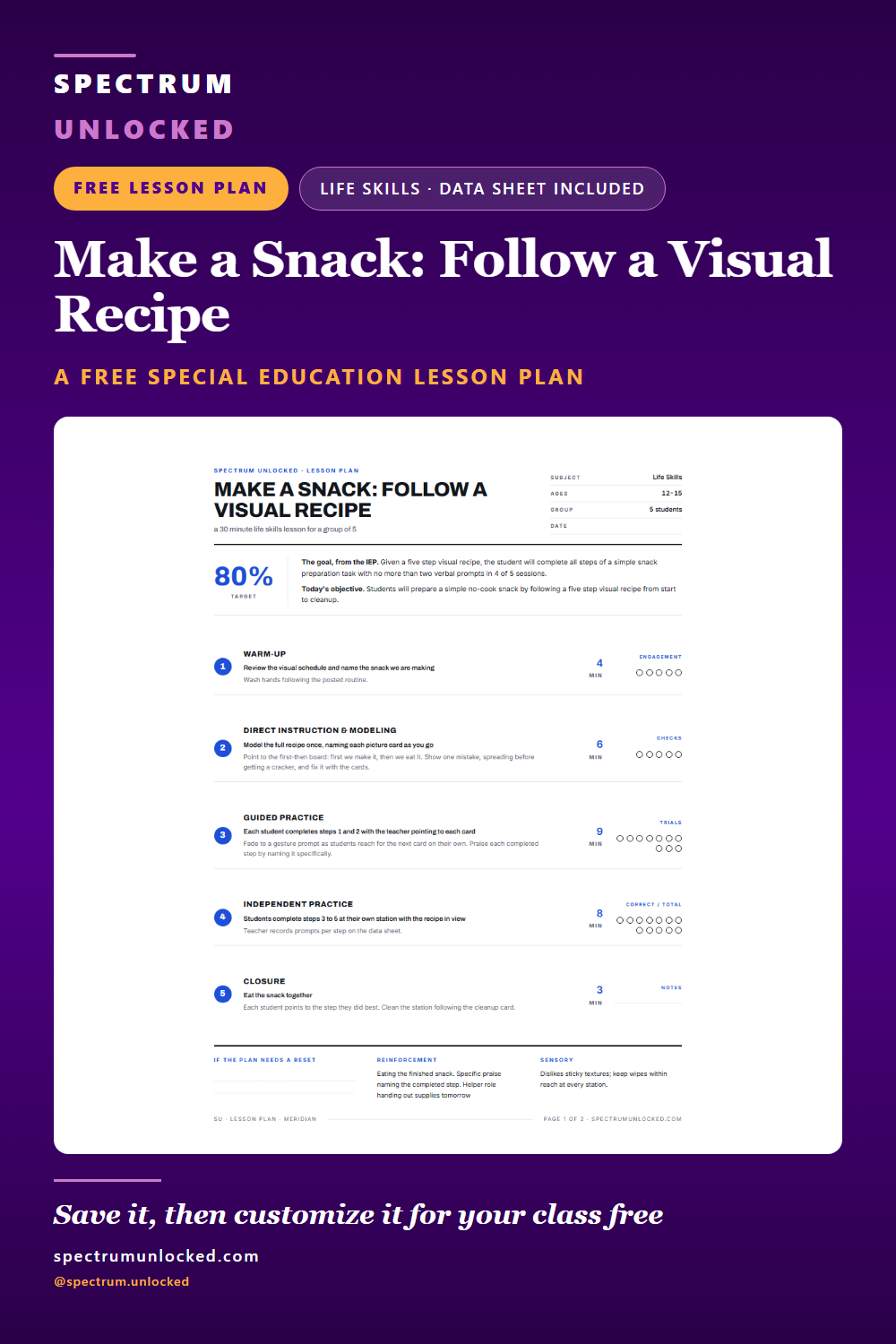 Pinterest pin: Life Skills Lesson Plan for Special Education: Visual Recipe Snack