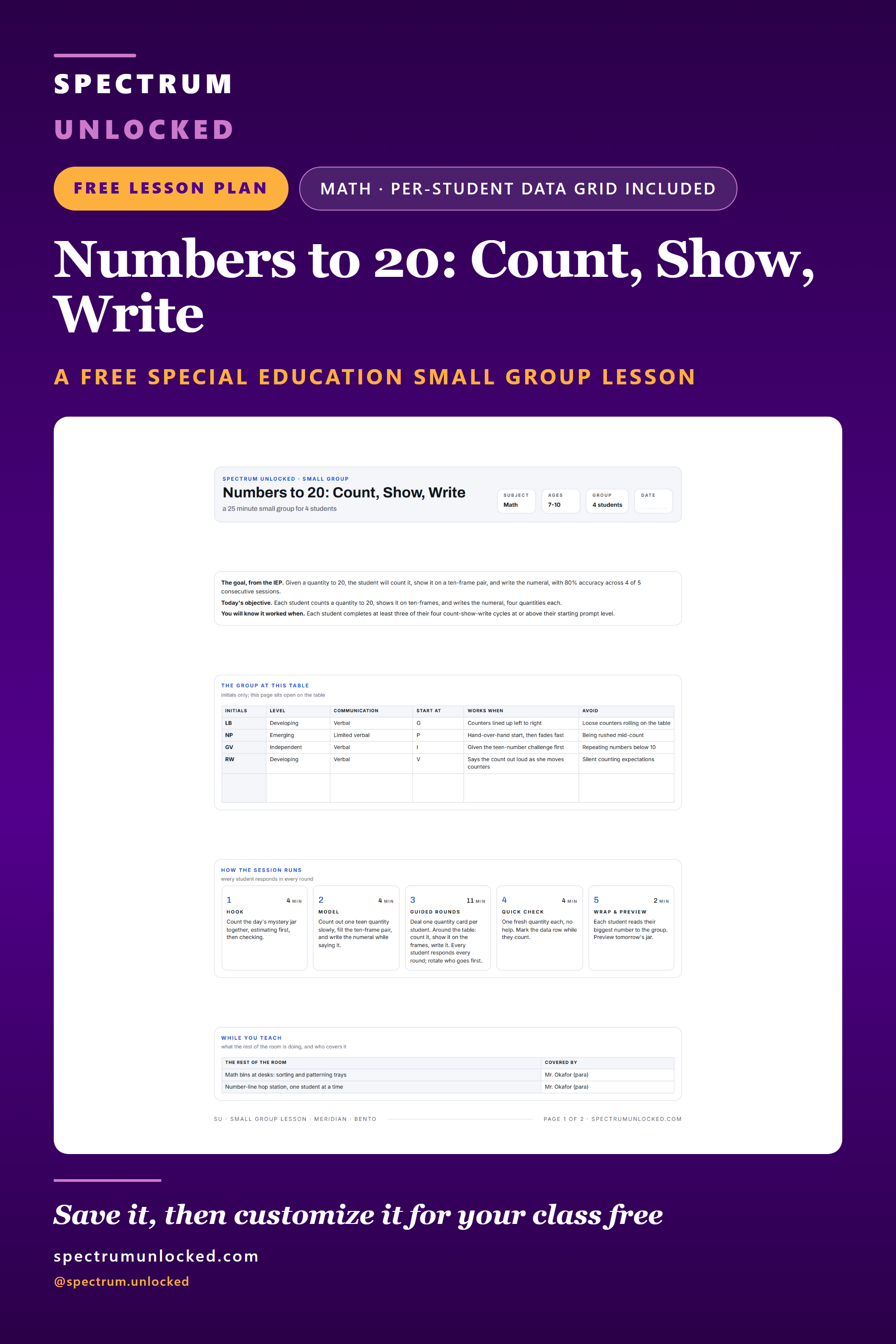 Pinterest pin: Math Small Group Lesson Plan for Special Education: Numbers to 20