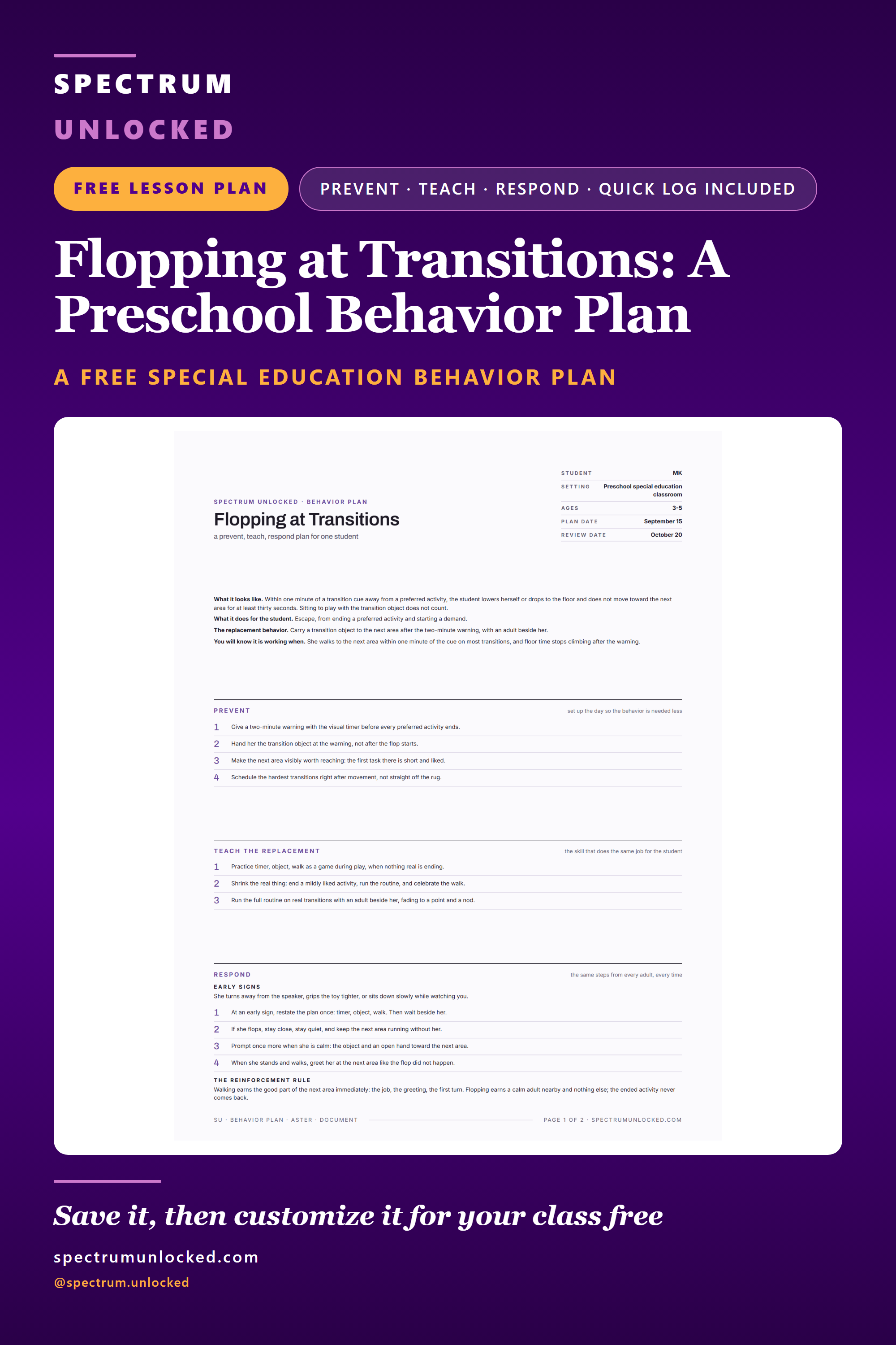 Pinterest pin: Preschool Behavior Plan Template: Flopping at Transitions