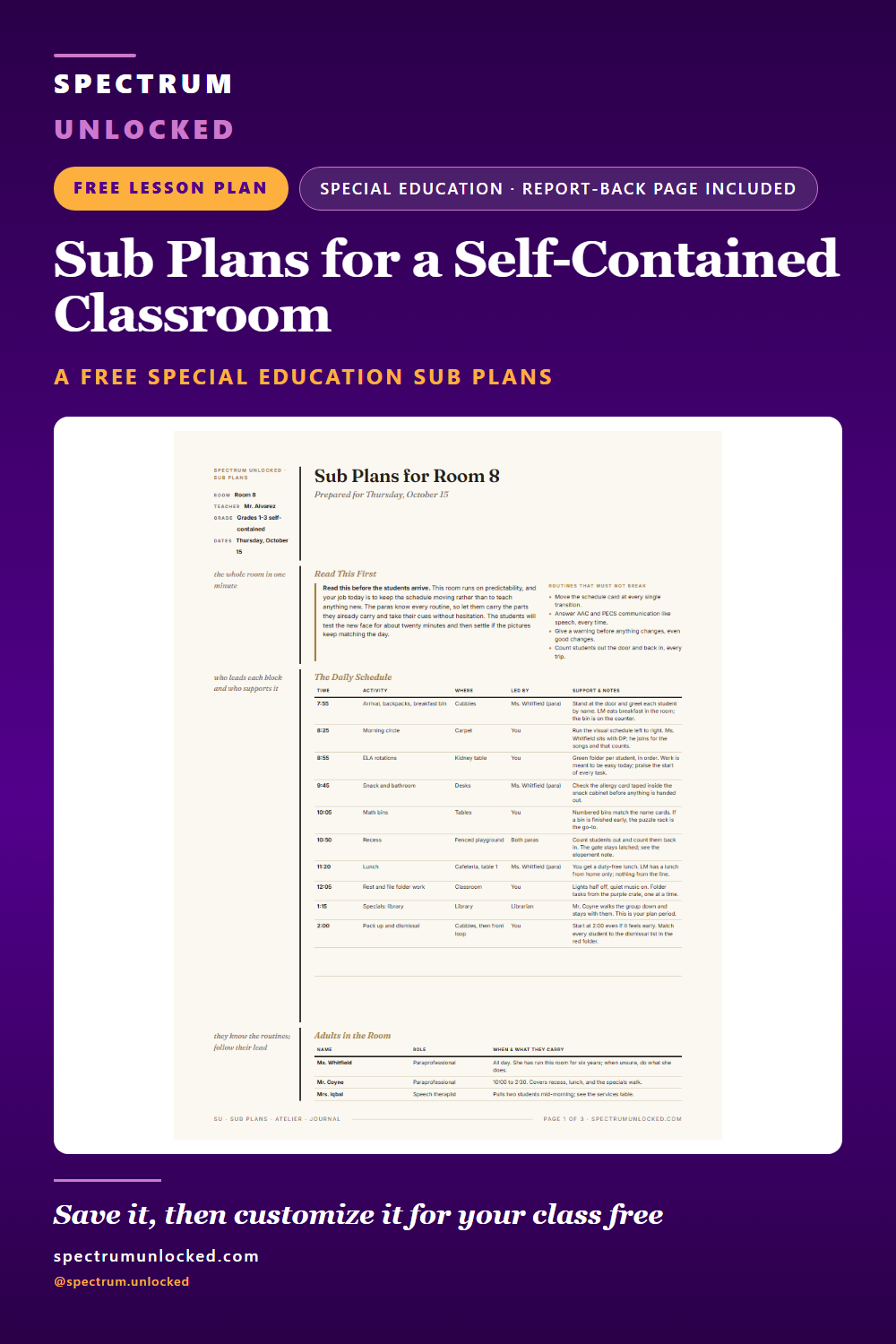 Pinterest pin: Sub Plans for Special Education: Self-Contained Classroom Example