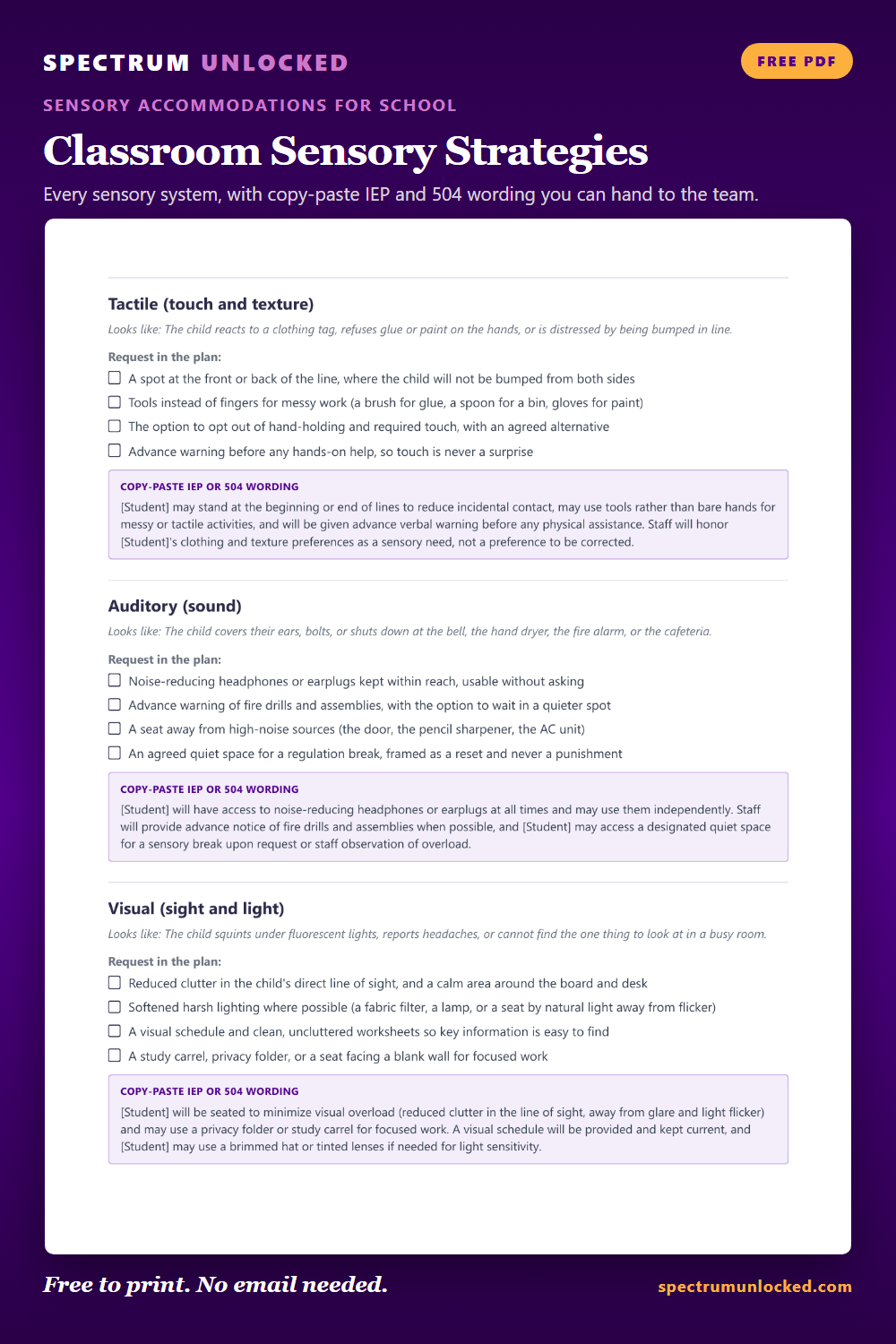 Pinterest pin: Sensory Strategies for the Classroom: A By-System Guide with IEP Wording