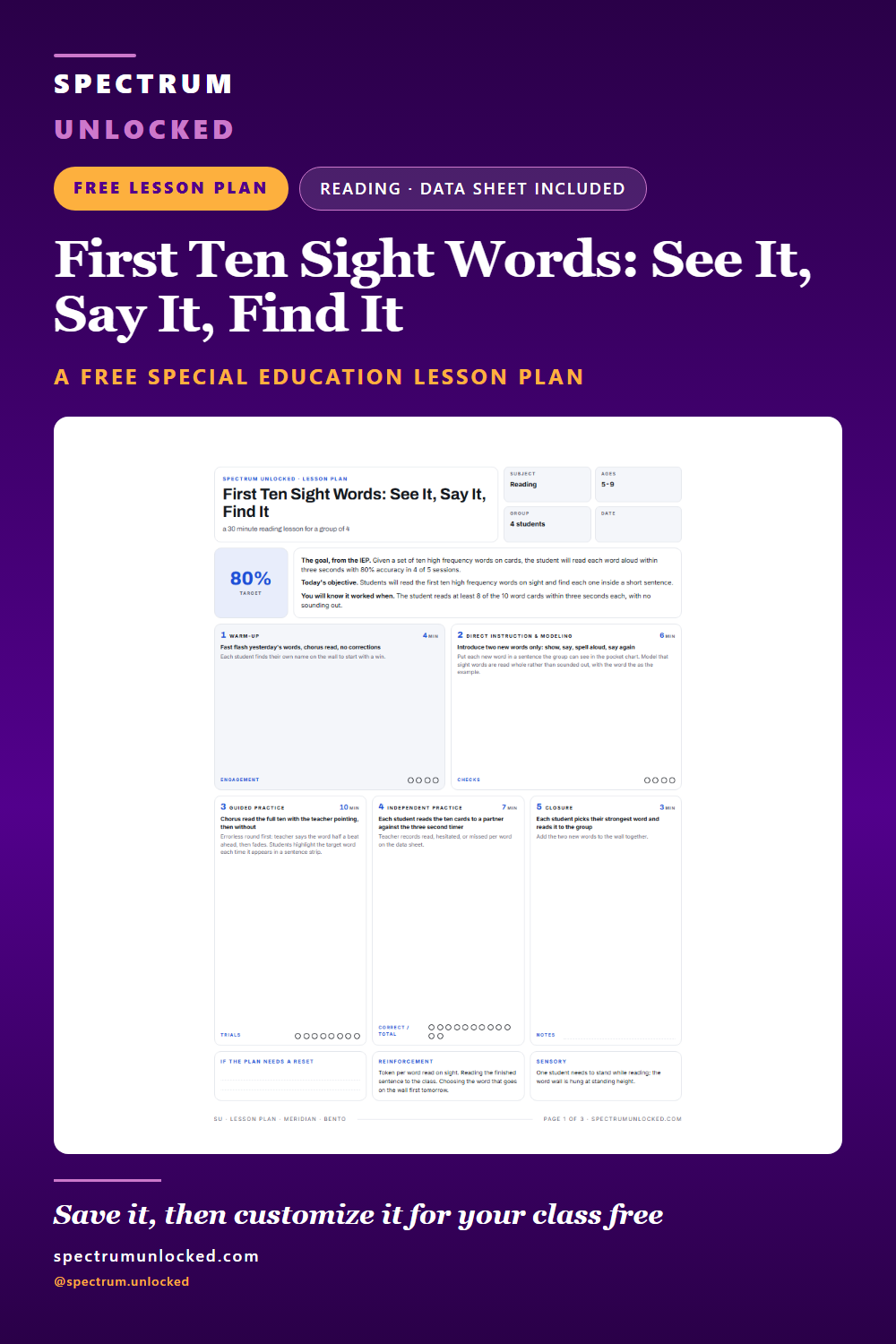 Pinterest pin: Sight Words Lesson Plan for Special Education: The First Ten
