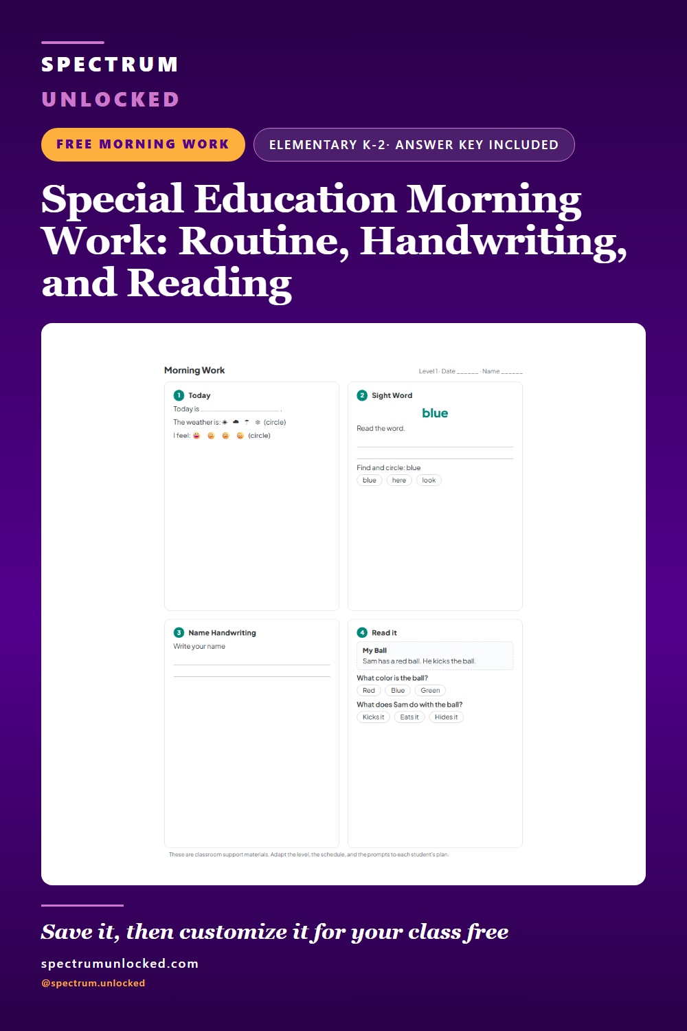 Pinterest pin: Free Special Education Morning Work (PDF)