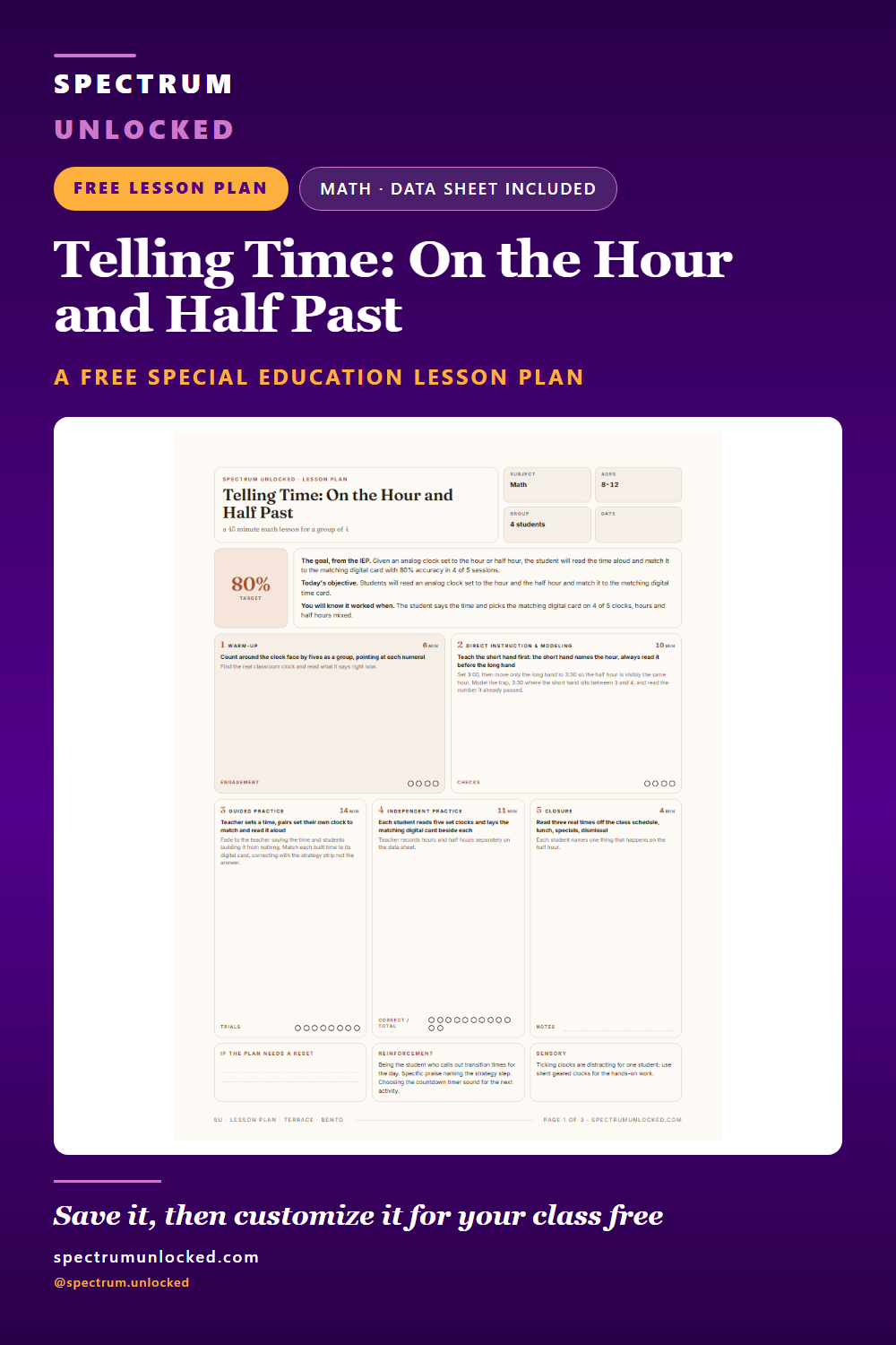 Pinterest pin: Telling Time Lesson Plan for Special Education: Hour and Half Hour