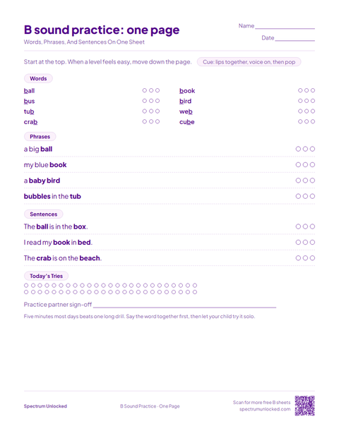 B Sound Practice: One Page sheet preview