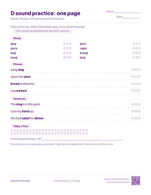 D Sound Practice: One Page sheet preview