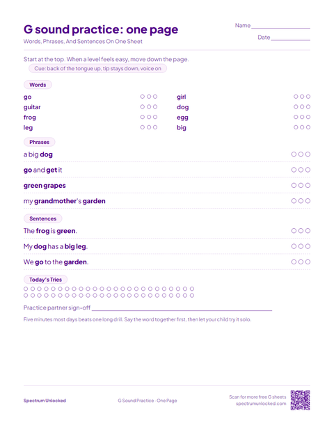 G Sound Practice: One Page sheet preview