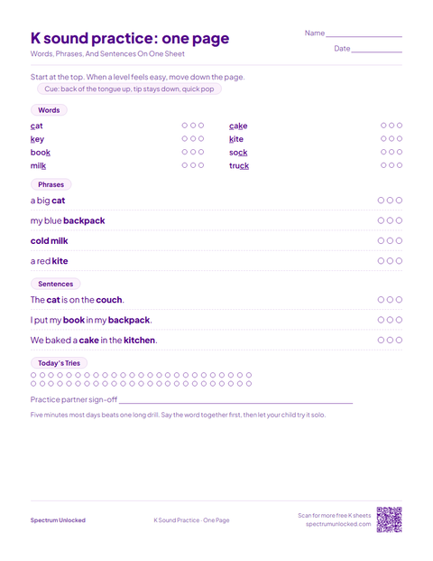 K Sound Practice: One Page sheet preview