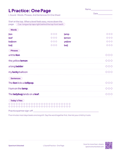 L Practice: One Page sheet preview
