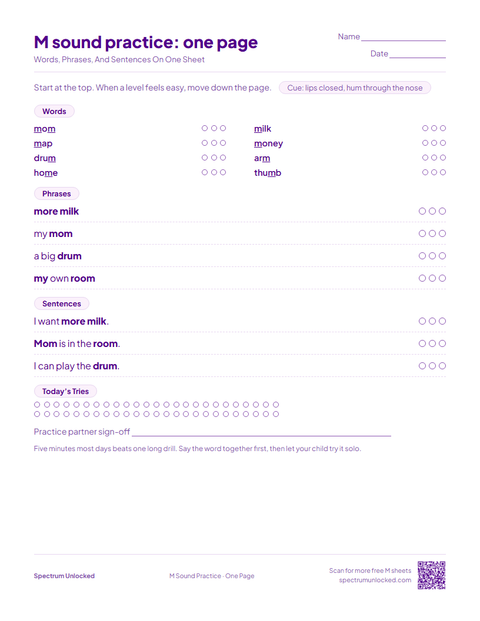 M Sound Practice: One Page sheet preview