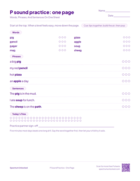 P Sound Practice: One Page sheet preview