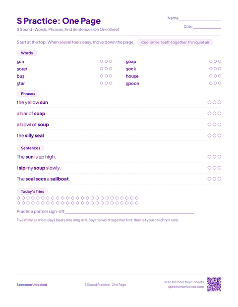 S Practice: One Page sheet preview