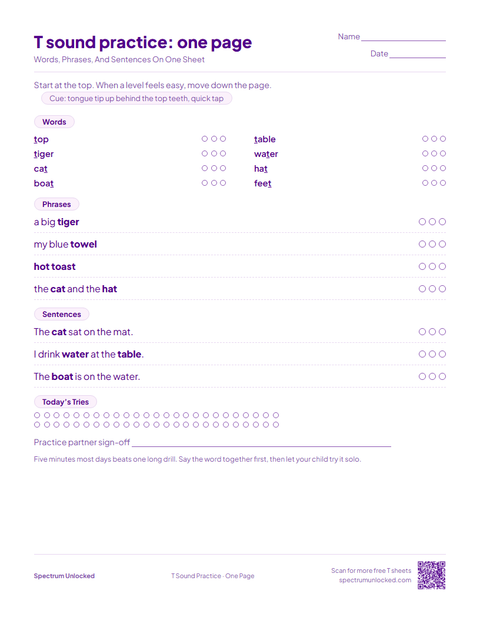 T Sound Practice: One Page sheet preview