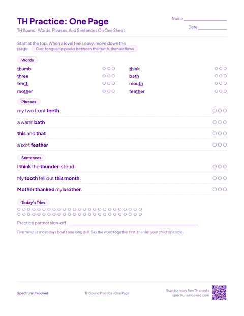 TH Practice: One Page sheet preview