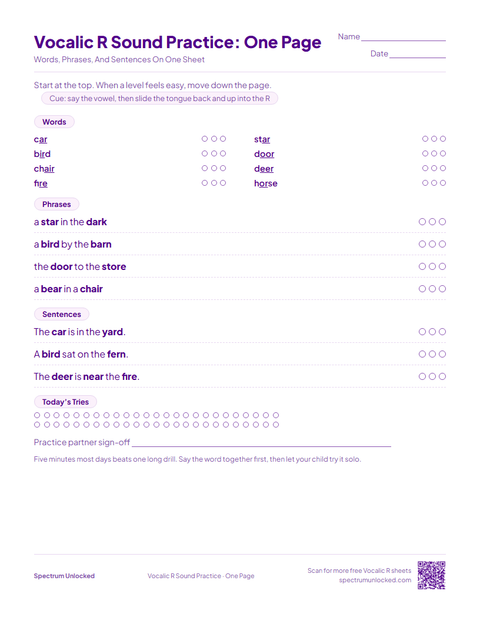 Vocalic R Sound Practice: One Page sheet preview
