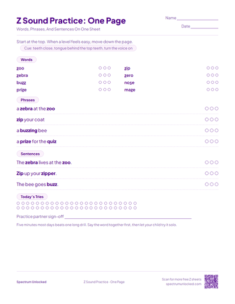 Z Sound Practice: One Page sheet preview