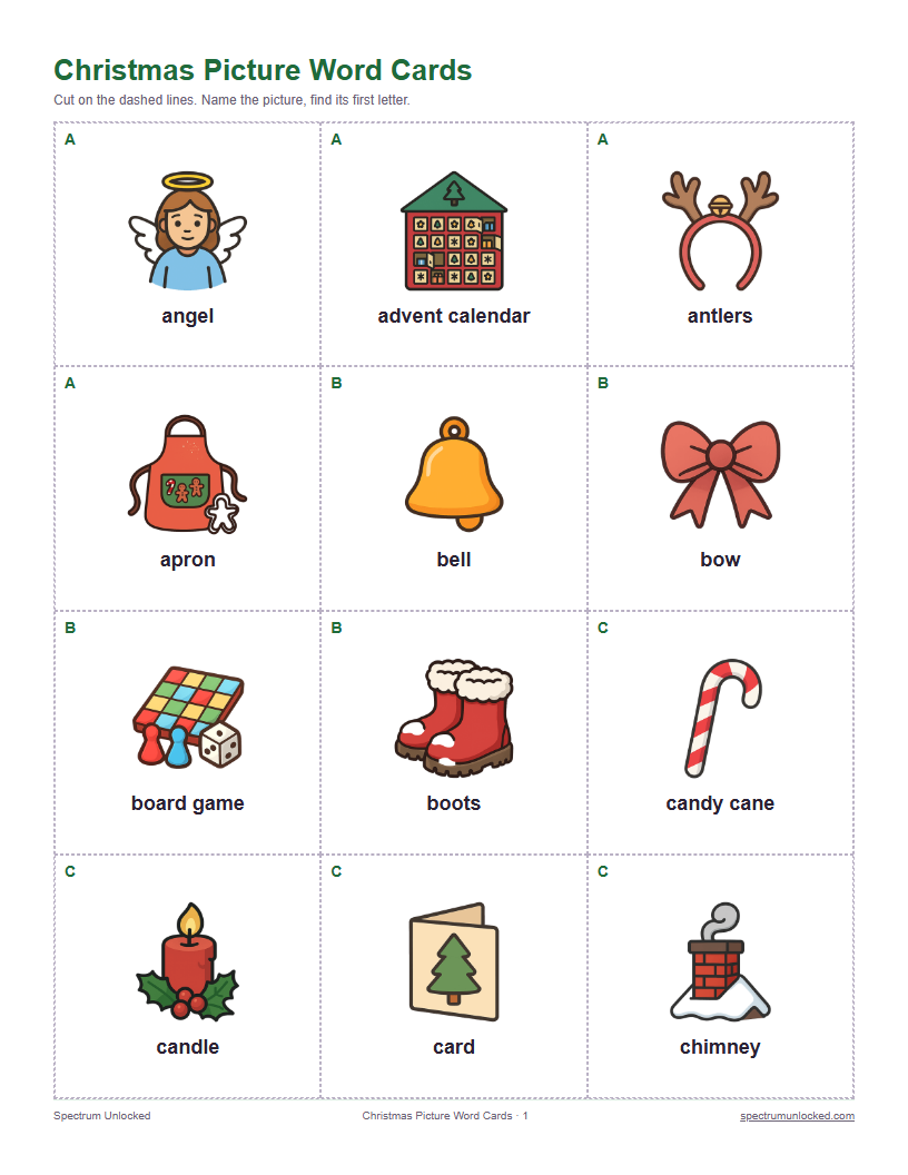 Christmas picture word cards preview
