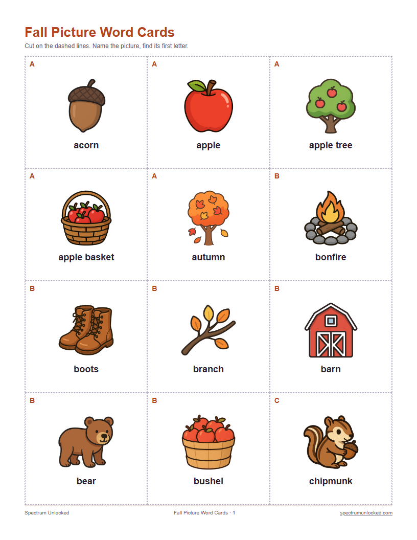 Fall picture word cards preview