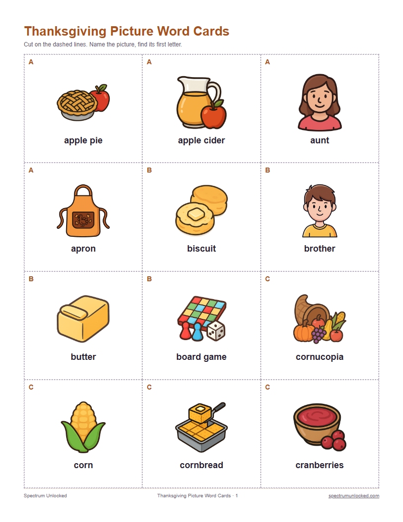 Thanksgiving picture word cards preview