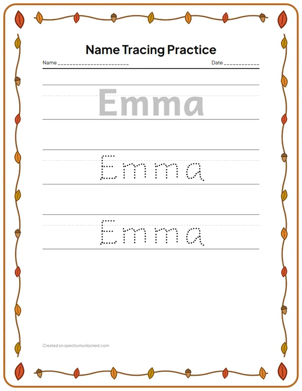 The same name tracing worksheet cycling through fall, winter, spring, summer, Christmas and Halloween frames