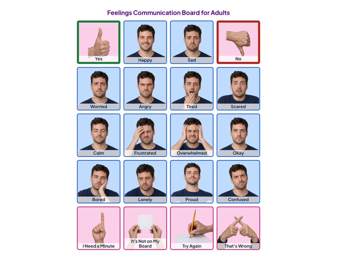 Printable Feelings Communication Board for Adults with photos: Yes, Happy, Sad
