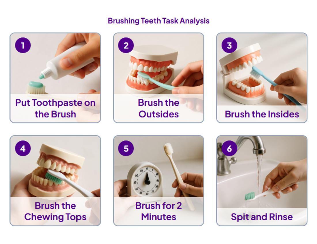 Printable Brushing Teeth Task Analysis with photos: Put Toothpaste on the Brush, Brush the Outsides, Brush the Insides