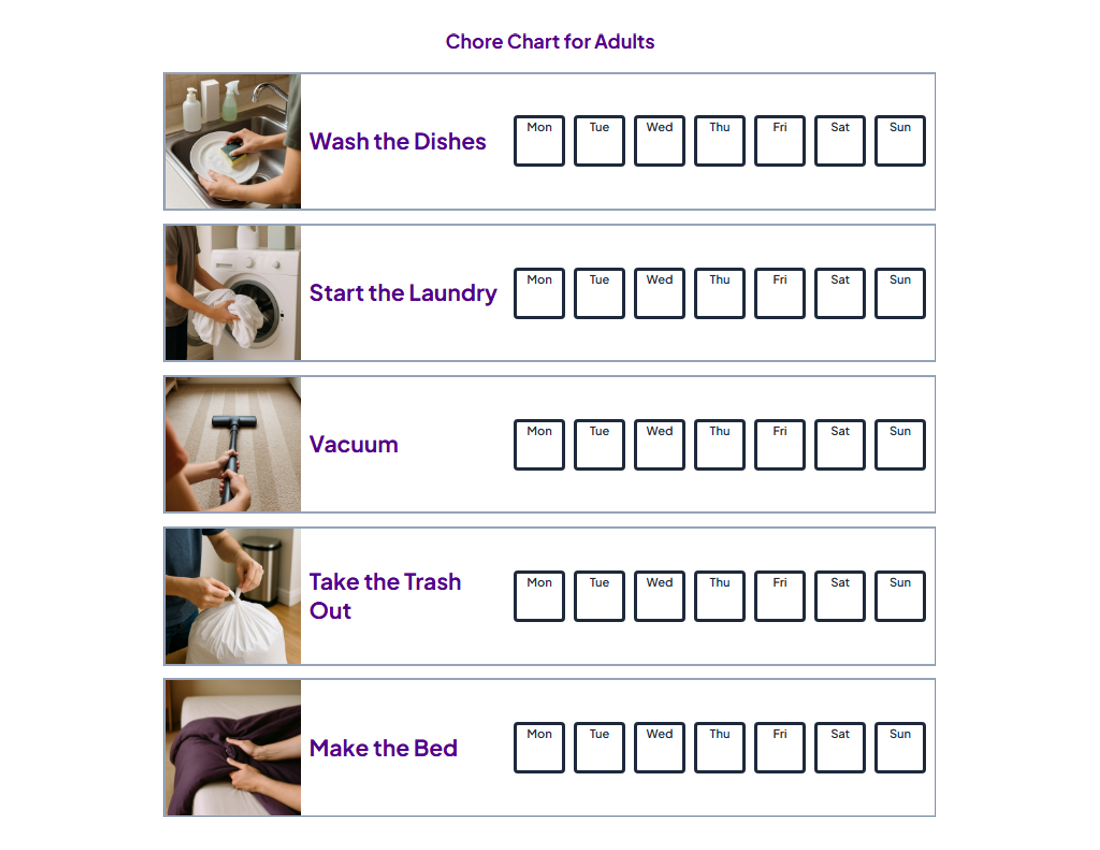 Printable Chore Chart for Adults with photos: Wash the Dishes, Start the Laundry, Vacuum